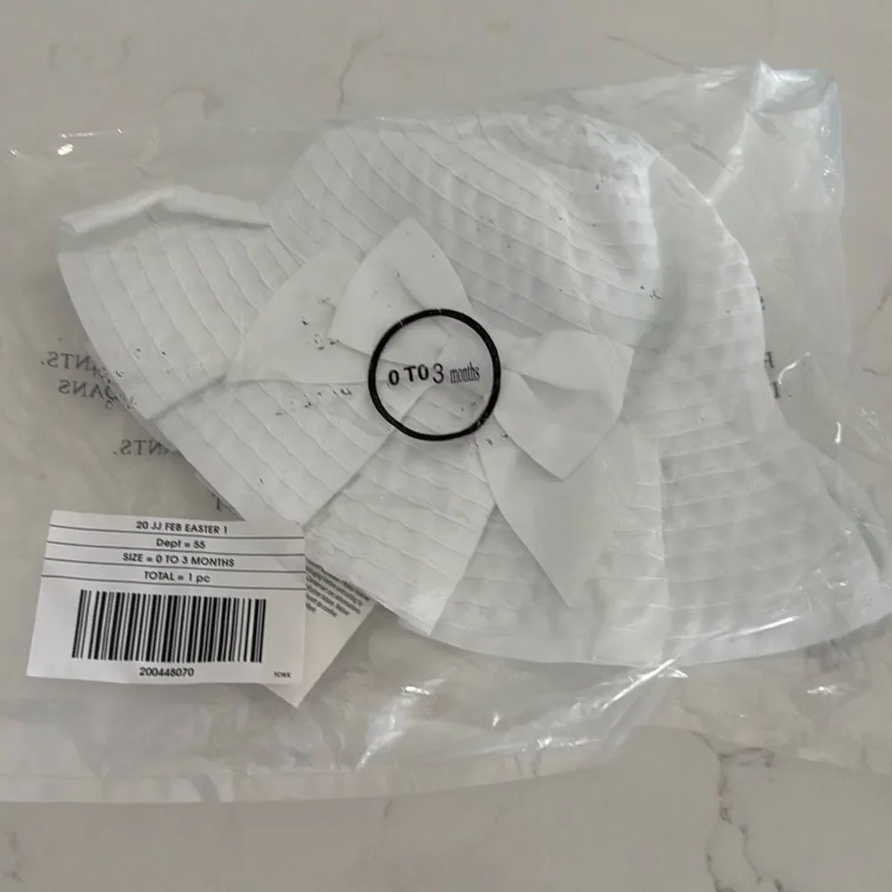 Janie and Jack Pleated Ribbon Hat in White Size 0-3 Months